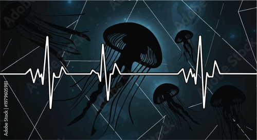 Jellyfish swimming through dark waters symbolize a fragile heartbeat and ocean life.