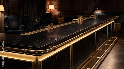 Luxurious bar interior with black marble counter, gold trim, brass fixtures, plush blue armchairs, and warm ambient lighting in elegant wood-paneled lounge