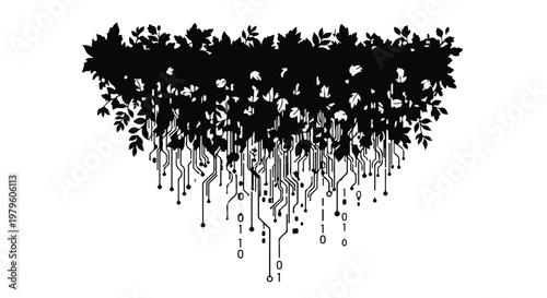 Nature and technology merge as organic foliage grows into digital circuit boards.