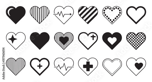 Collection of diverse heart shape icons for love, health and design elements on transparent background.