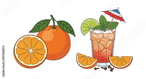 Fresh orange fruit and glass of iced citrus drink with umbrella isolated on white background
