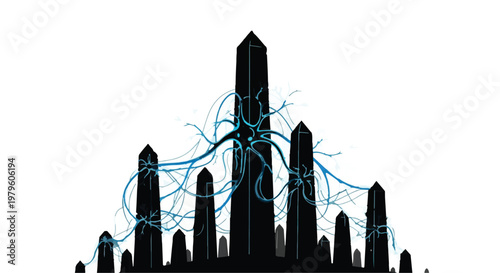 Monoliths stand tall as glowing neural pathways connect the urban landscape grid.