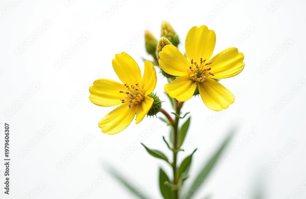 Obraz premium Two yellow St. John Wort flowers bloom against white backdrop. Small buds and green leaves accent stem. Macro detail shows vibrant petals and stamen.