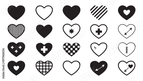 Set of black heart icons with different designs on a transparent background, vector illustration of love symbols.