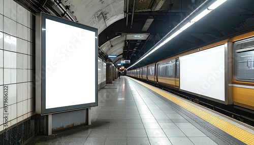 Blank billboards on a subway station platform with a train passing by.