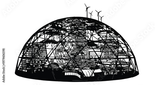 Geodesic dome houses a complex network of sustainable urban infrastructure systems.