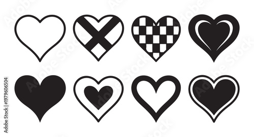 Set of black heart icons with distinct patterns on transparent background, vector illustration of love symbols.