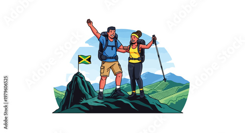 Couple hiking to the mountain summit with a flag flying proudly isolated on white background