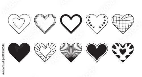 Set of black heart icons with varied patterns on a transparent background, vector illustration of love symbols.