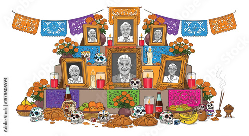 Dia de los muertos altar with photos and marigolds vector illustration isolated on white background
