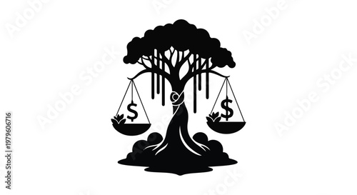 Tree of justice balances financial wealth with natural growth in this icon.