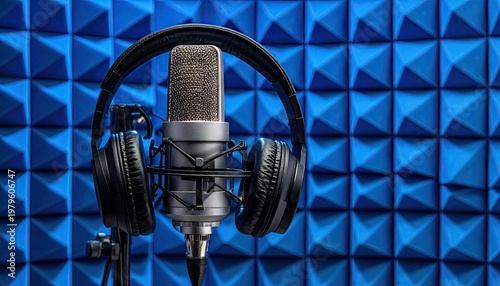 Professional Studio Microphone and Headphones in Acoustic Foam Room.
