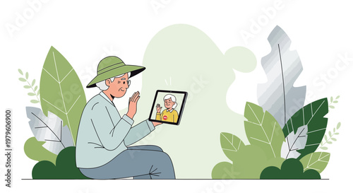 Illustration of elderly woman video calling with a tablet surrounded by foliage