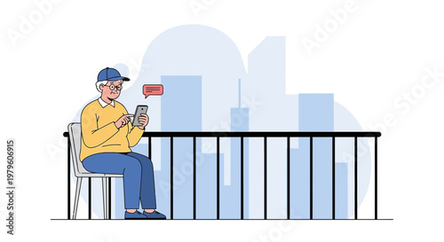 Illustration of elderly man using smartphone with cityscape backdrop on the balcony