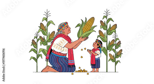 Indigenous mother and child harvesting corn in a lush rural field isolated on white background