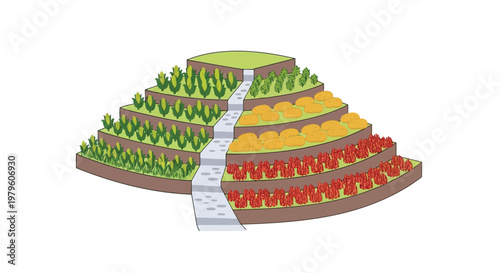 Ancient agricultural terraced fields with various crops on mountain isolated on white background
