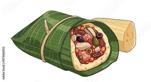 Traditional wrapped tamale with meat and vegetables in banana leaves isolated on white background