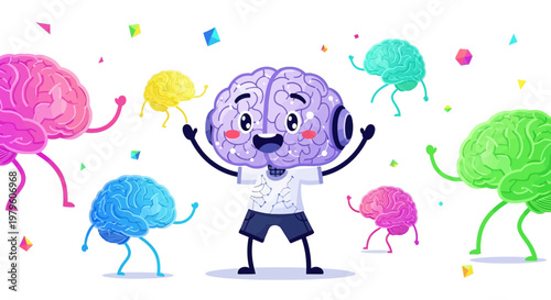 Illustration of happy colorful brain characters celebrating with joyful expressions surrounded by