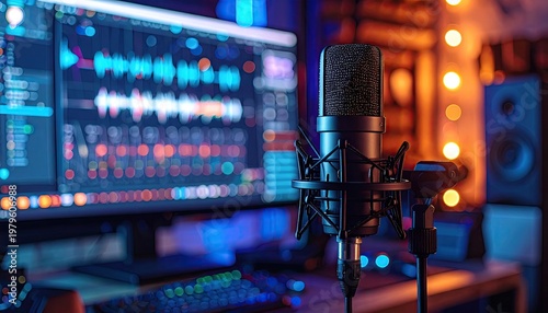 Professional Studio Microphone and Digital Audio Workstation Screen.