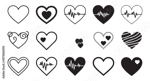 Heart icons diverse collection filled outline and cardiogram love symbols friendship affection motifs.