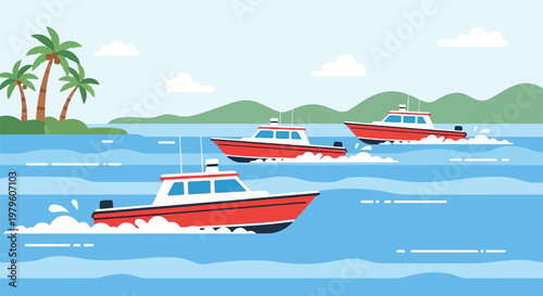 Red motorboats speeding across ocean waves vector illustration isolated on white background