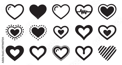 Heart icons collection with outline filled and patterned love symbols for romance and affection.
