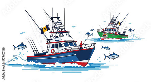 Fishing boats with tuna and Barbados flags vector illustration isolated on white background