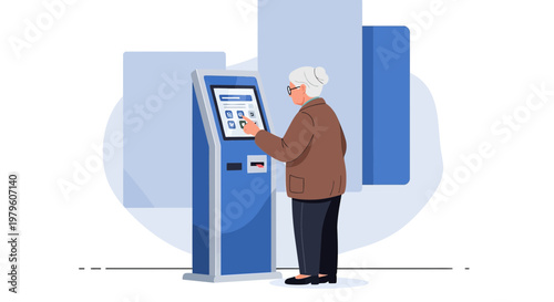 Illustration of senior woman using a digital kiosk for transactions and information access