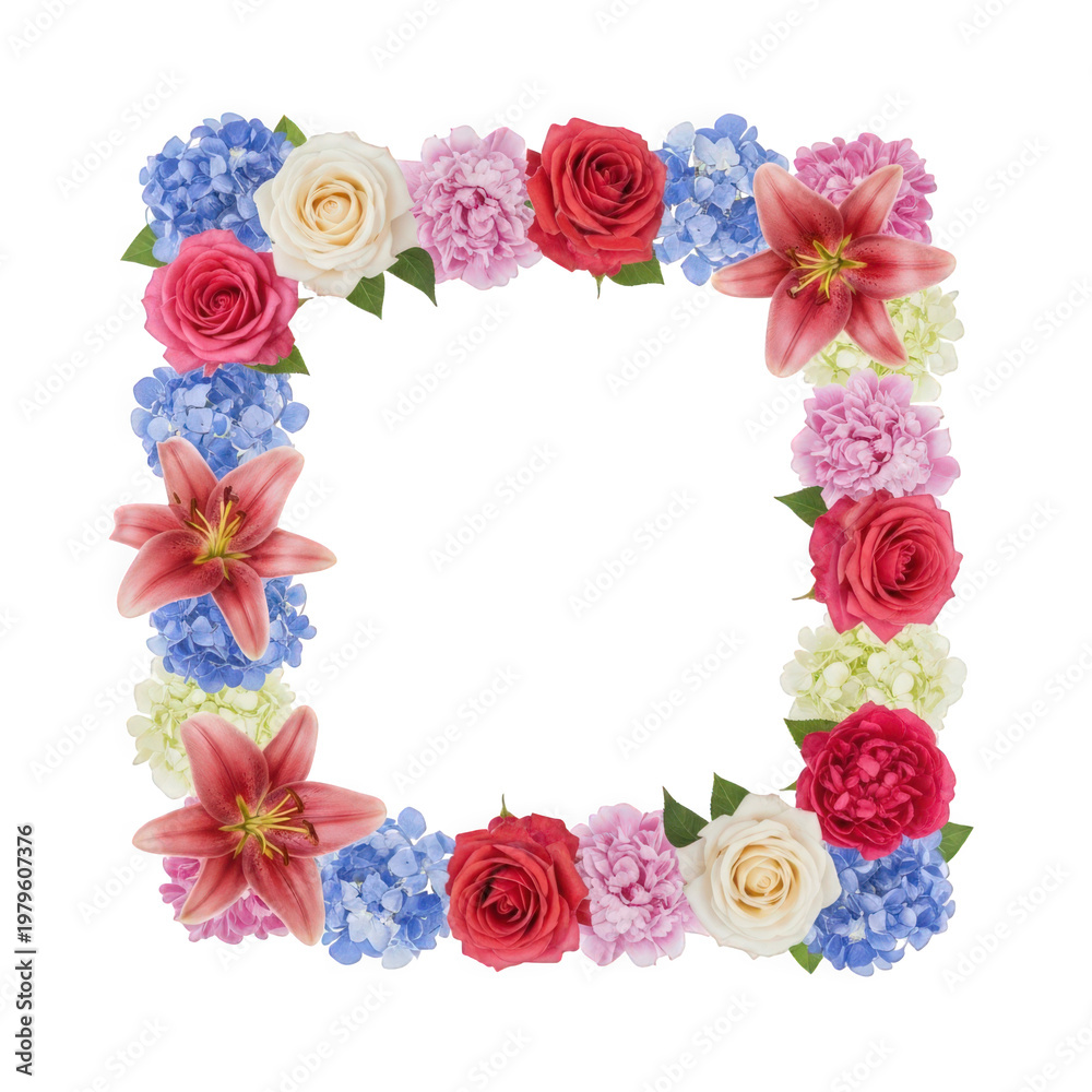 Fototapeta premium Floral wreath circle arrangement with roses, lilies, and hydrangeas isolated on transparent background