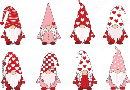 Set of Valentine's Day Gnome Vector Illustrations Featuring Red, Pink, and Heart-Patterned Hats for Love, Romance, and Holiday Designs