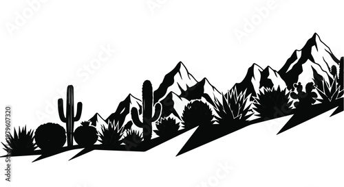 Desert mountains rise behind a variety of cacti in a stark black silhouette style.