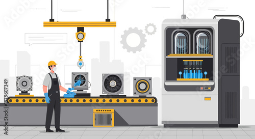Illustration showcasing a worker inspecting products on a conveyor belt in an industrial setting
