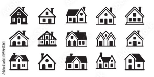 Various residential house silhouettes with diverse window layouts and gabled roofs in solid black flat style.