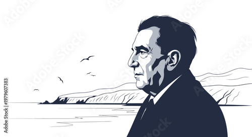 Portrait of middle aged man looking at ocean view in flat vector style isolated on white background