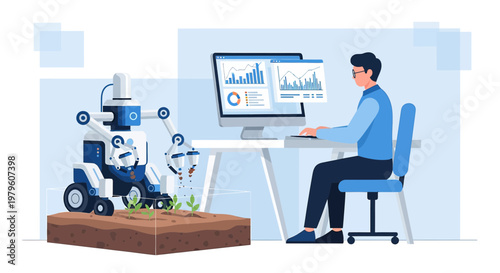 Illustration showcasing data analysis and robotics in agriculture for enhanced growth