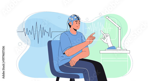 Illustration showing brainwave analysis of a person interacting with augmented reality apparatus