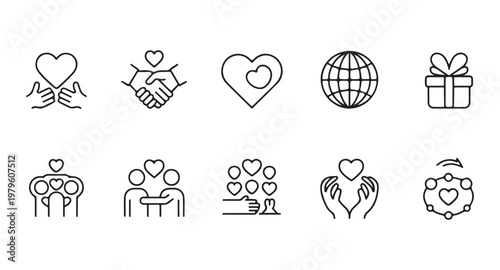 Line art icons symbolizing donation and support for global causes, community help and charitable actions.