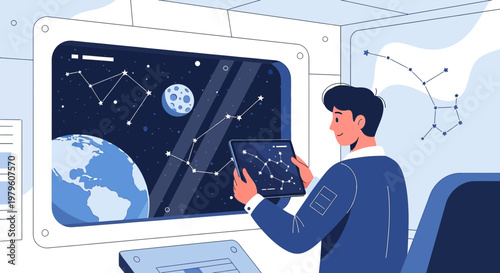 Illustrative astronaut studies constellation charts for space exploration future endeavor