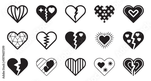 Collection of artistic hearts in black outline, representing love, emotions, brokenness and connection.