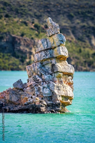 Vertical View of the Torreon Rock Formation in Cueva Foradada Reservoir Oliete Teruel Spain