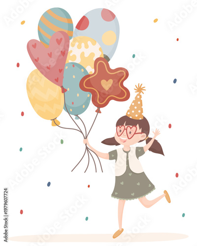Happy girl holding balloons and celebrating birthday in soft pastel colors. Cute playful character with festive mood. Perfect for greeting cards, invitations and kids party design