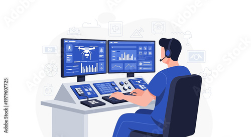 Illustrative depiction of a drone pilot monitoring flight data on dual screens in control room