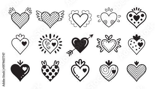 Set of hand drawn hearts with wings arrows and patterns for valentine day celebration and love symbols.