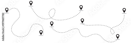 Route with location pins icon set in solid and black color styles. Minimal vector symbols for navigation, map, GPS, travel, destination, route planning, logistics and location tracking concepts.