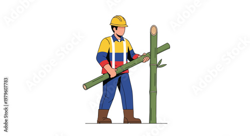 Construction worker holding bamboo material in uniform illustration isolated on white background