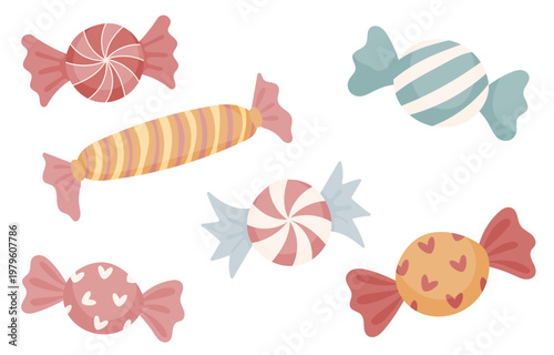 Set of colorful wrapped candies in soft pastel colors. Cute sweet collection isolated on background. Perfect for kids design, packaging, candy shop and festive projects