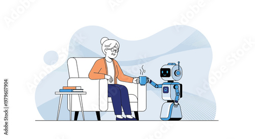 Illustrative depiction of a senior woman receiving tea from a helpful robot companion for enhanced