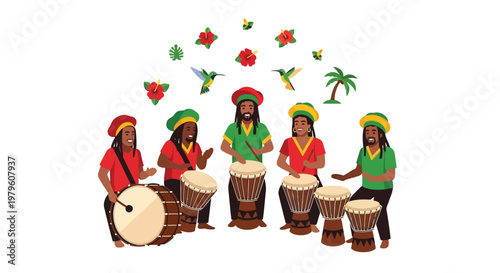 Group of musicians playing traditional drums in festive reggae style isolated on white background