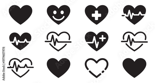 Collection of heart shaped icons including smile face cross symbol and heartbeat line for medical and love themes.