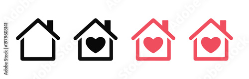 Home with heart vector icon set, love house symbols, outline and filled house with heart icons.